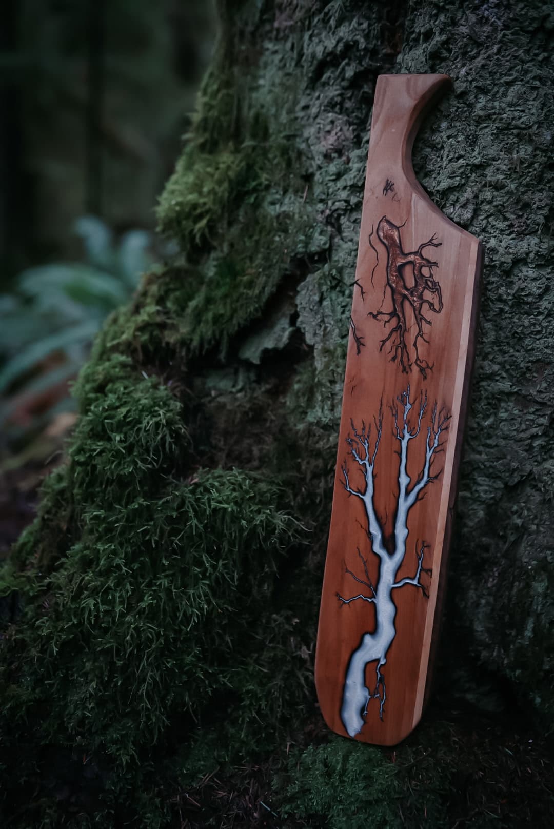 Handcrafted cedar paddle resting on forest moss